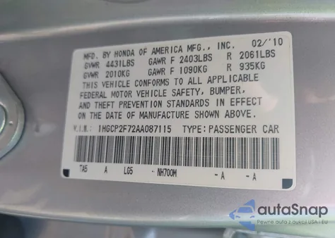 2010 Honda Accord 2.4 Ex from USA, damaged, VIN 1HGCP2F72AA087115